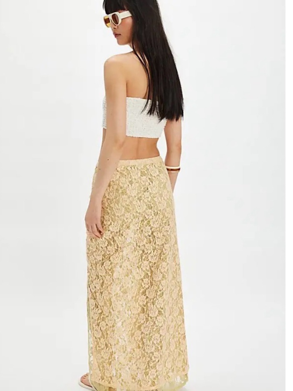 Free People Solene Pale Yellow Lace High-Low Maxi Skirt with Front Draped Slit X - Picture 2 of 7